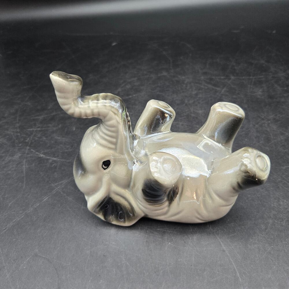 Vintage Ceramic Elephant Figurine Gray Black Trunk Up Mid Century Decor